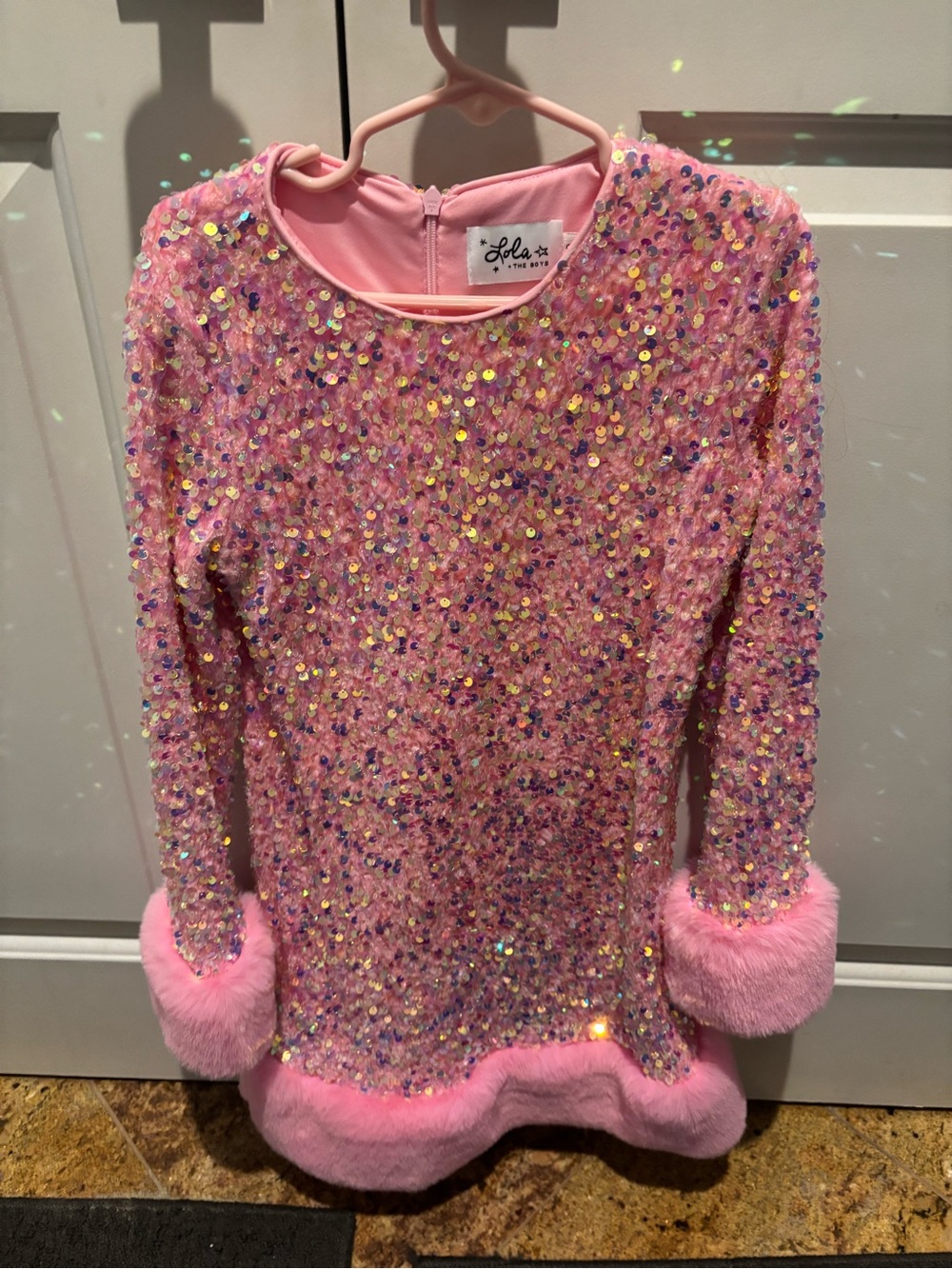 Lola + The Boys Pink Sequin Party Dress with Faux Fur Trim